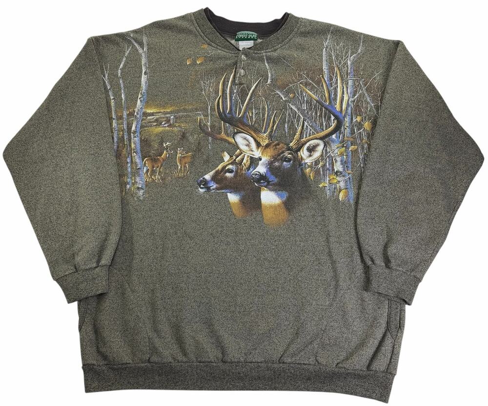Deer Nature Outdoor AOP Crewneck Men's XXL Forest Glen Henley Hunting Sweatshirt